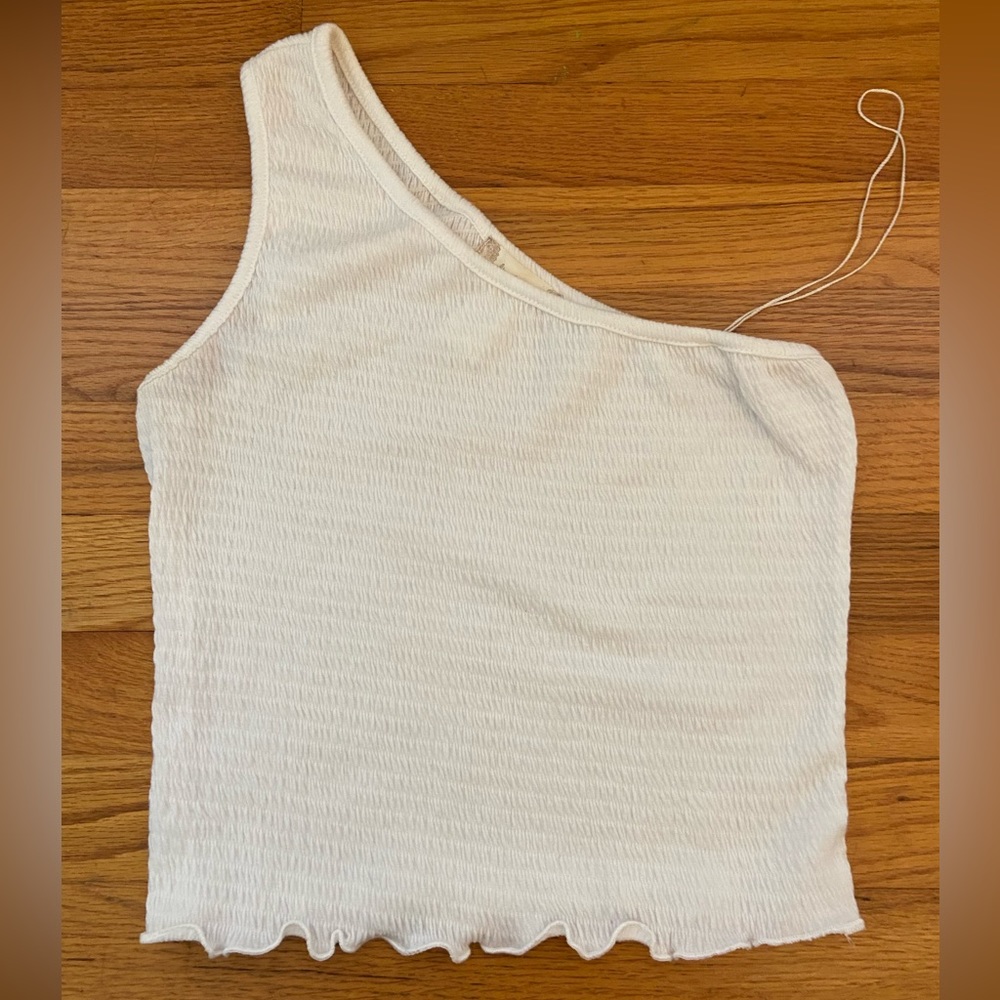 Super cute white one shoulder smocked tank Altar’d State size S